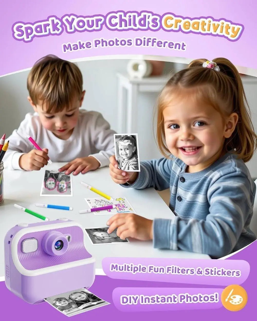 32GB Kids Digital Camera with 1080P HD and Instant Printing, 2.4-Inch Screen, Includes Paper, for Ages 3-12, Purple Wholesale Hub