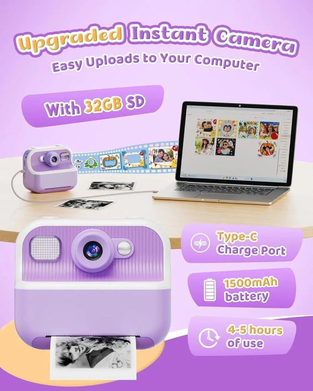 32GB Kids Digital Camera with 1080P HD and Instant Printing, 2.4-Inch Screen, Includes Paper, for Ages 3-12, Purple Wholesale Hub