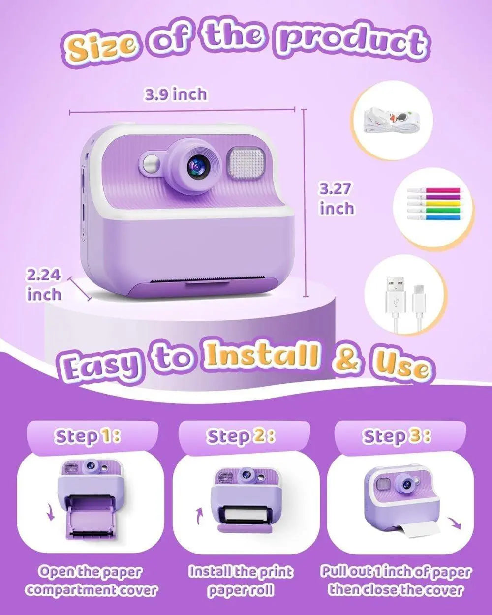 32GB Kids Digital Camera with 1080P HD and Instant Printing, 2.4-Inch Screen, Includes Paper, for Ages 3-12, Purple Wholesale Hub