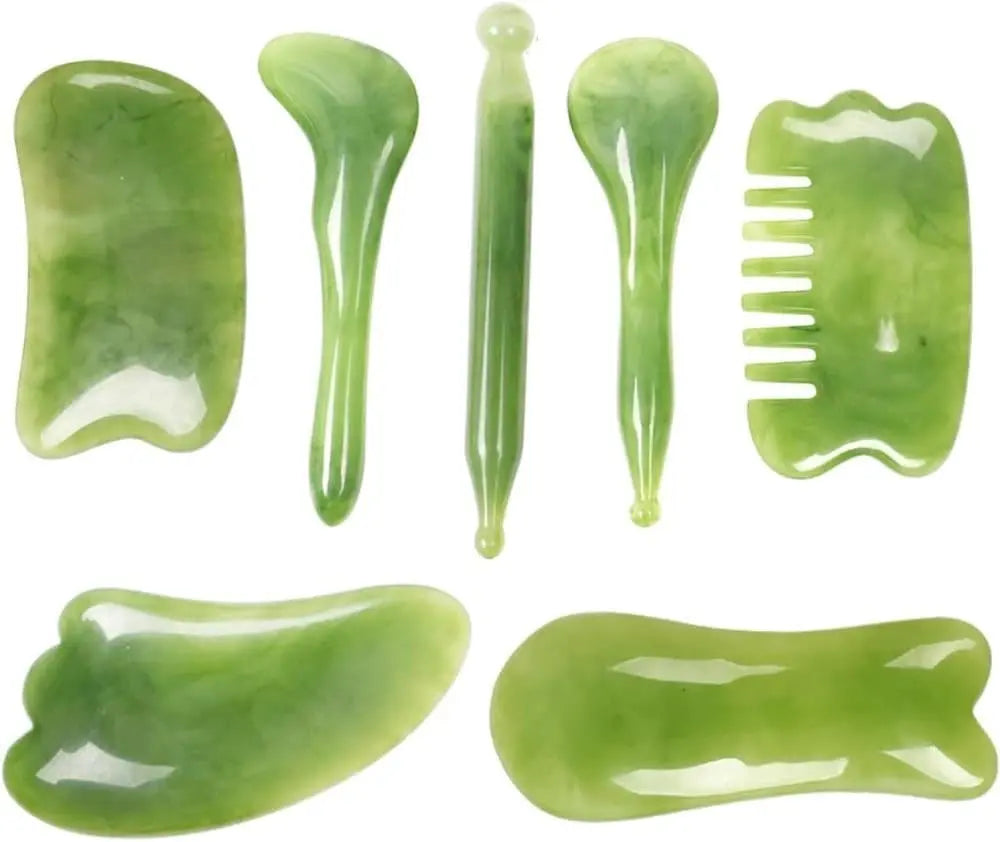 7-piece Gua Sha Set, Resin Facial and Body Massage Tool for Face Legs Back, Green Wholesale Hub