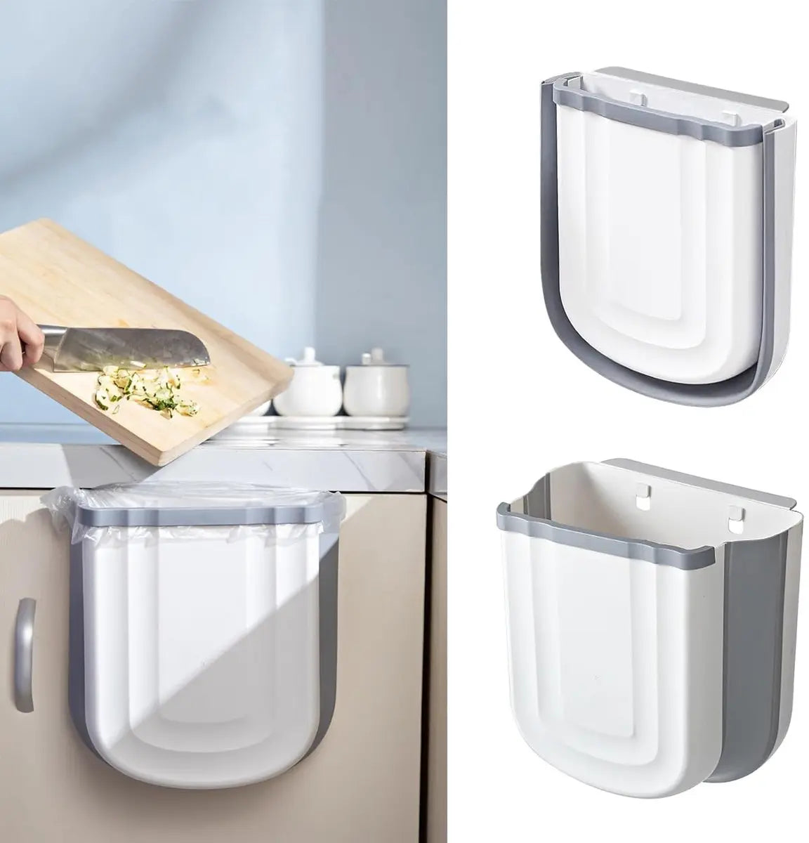 Foldable hanging trash can - Small 2.4 gallon waste bin for countertop and cabinet - Wall-mounted plastic waste bin for kitchen, bathroom, bedroom - Space-saving gray design Wholesale Hub