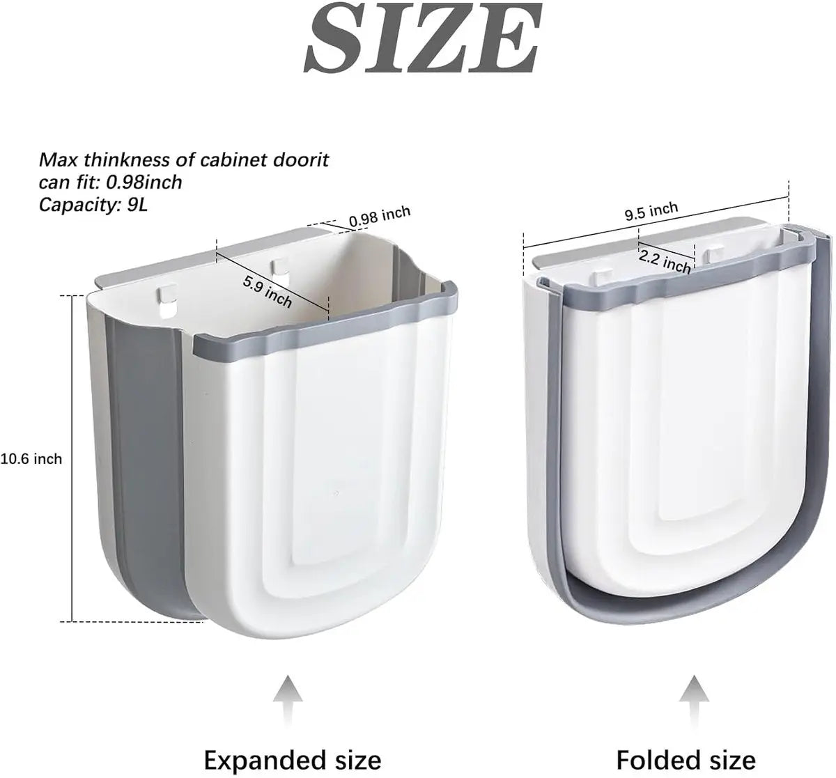 Foldable hanging trash can - Small 2.4 gallon waste bin for countertop and cabinet - Wall-mounted plastic waste bin for kitchen, bathroom, bedroom - Space-saving gray design Wholesale Hub