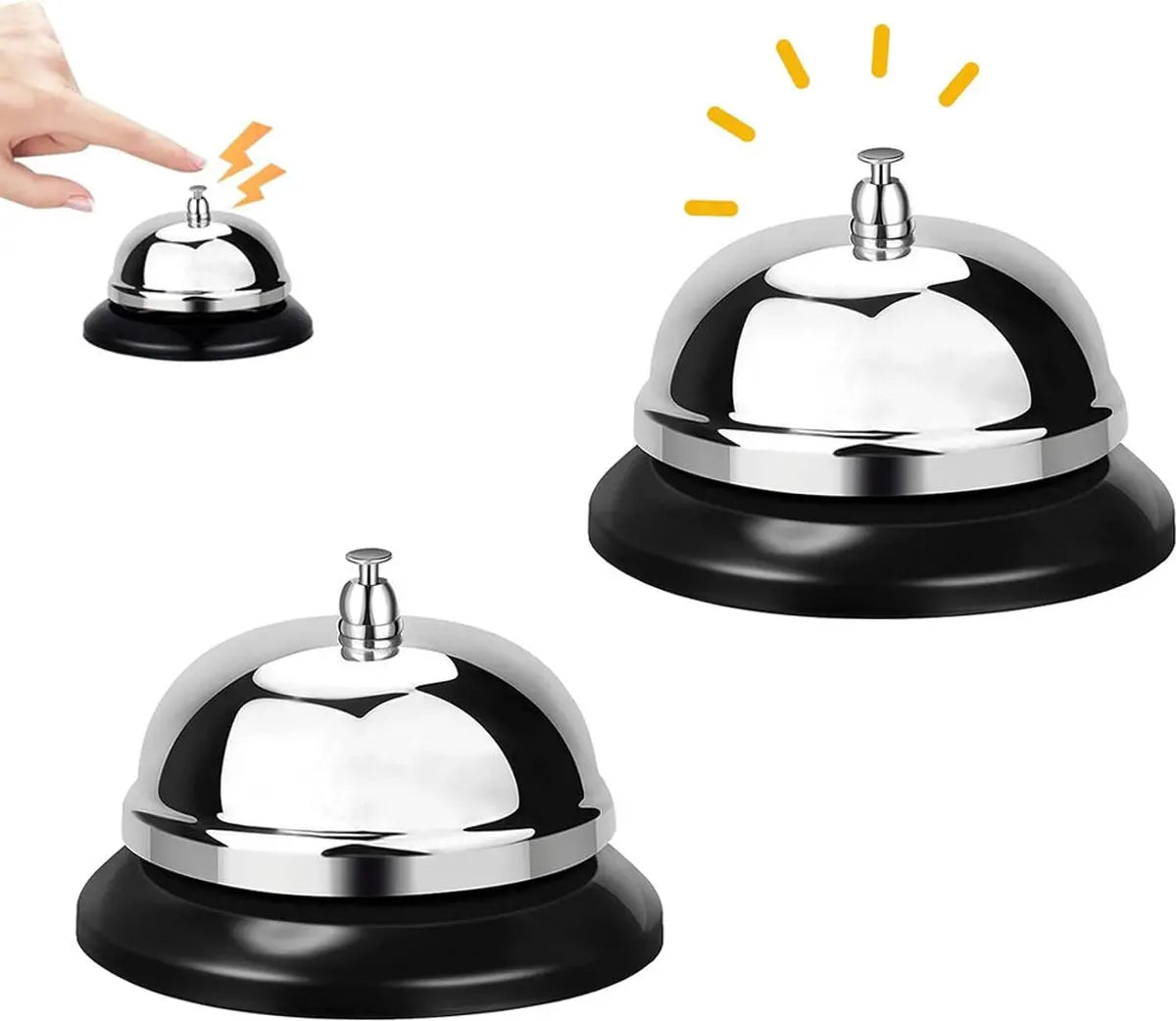 Table Bell - 2 Pieces - Reception Bell - Small Table Bell - School Bell - Counter Bell - Hotel Bell - Butler Bell - Kitchen Bell - Hospitality Bell - Santa Claus Bell - Stainless Steel - 9 Cm - Loud Sound - Bell - Silver/Black Wholesale Hub