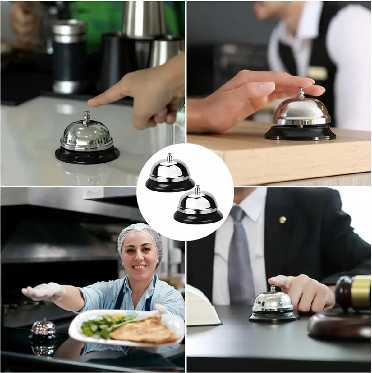 Table Bell - 2 Pieces - Reception Bell - Small Table Bell - School Bell - Counter Bell - Hotel Bell - Butler Bell - Kitchen Bell - Hospitality Bell - Santa Claus Bell - Stainless Steel - 9 Cm - Loud Sound - Bell - Silver/Black Wholesale Hub