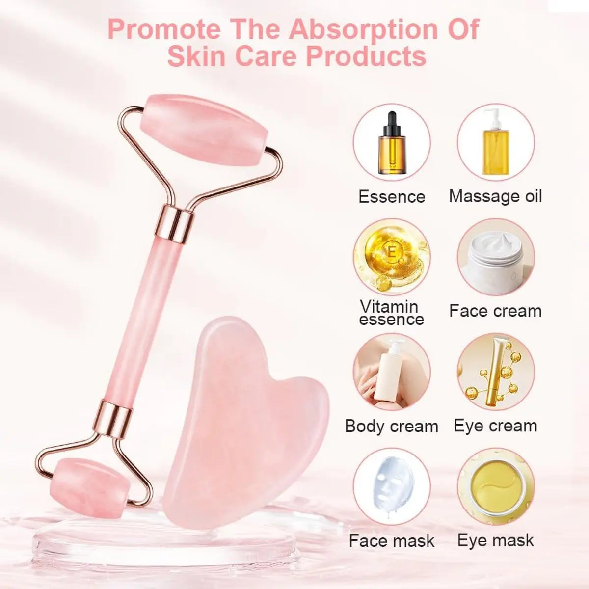 Rose Quartz Jade Roller & Gua Sha Stone - Facial Roller & Gua Sha Set - Natural Jade Roller - Facial Roller - Jade Roller - Facial Massage - for Lymphatic Drainage, Anti-Aging, Wrinkle Reduction, Anti-Puffiness & Radiant Skin Wholesale Hub