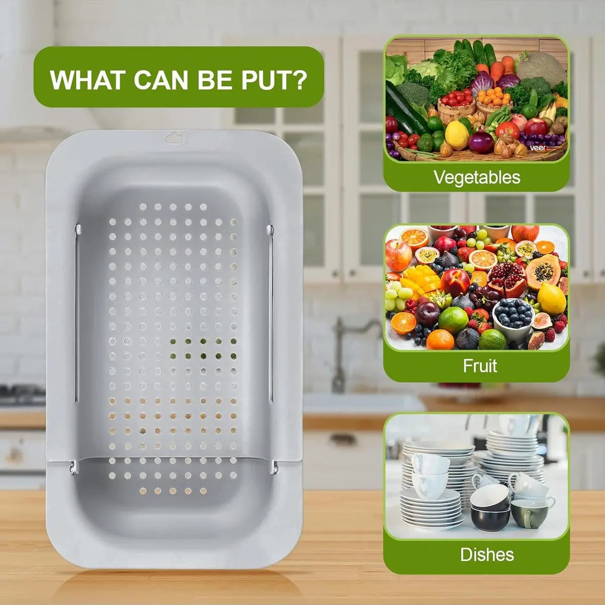 Sink drain basket - Strainer - Washing vegetables and fruit - Draining cooked pasta and drying dishes - Extendable and telescopic - New kitchen accessories for the home - Grey Wholesale Hub