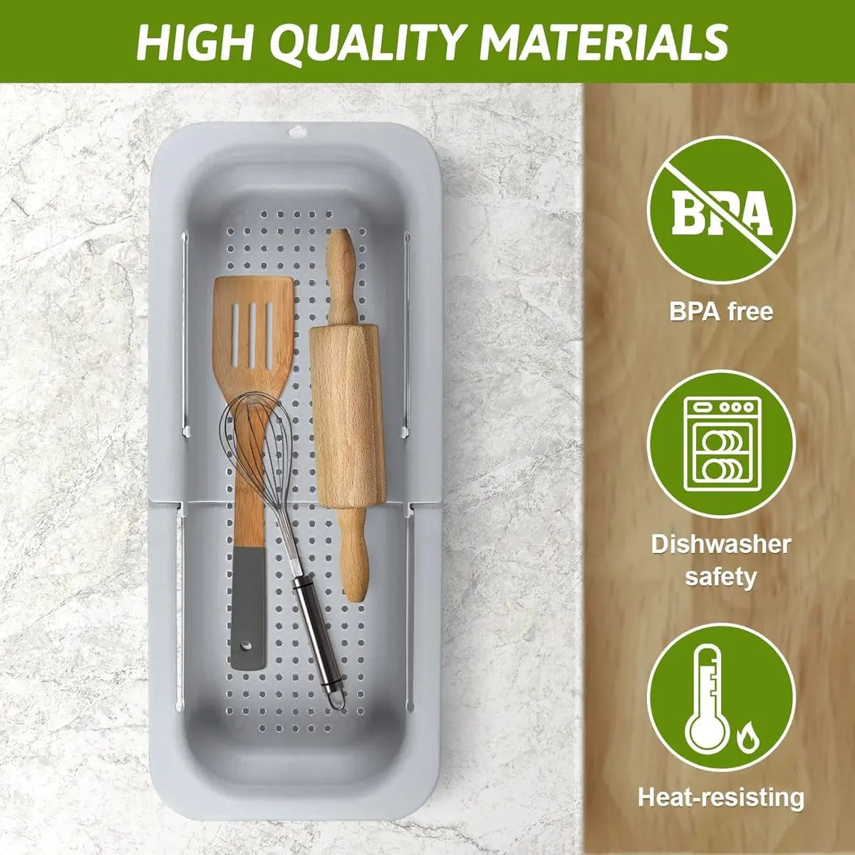 Sink drain basket - Strainer - Washing vegetables and fruit - Draining cooked pasta and drying dishes - Extendable and telescopic - New kitchen accessories for the home - Grey Wholesale Hub