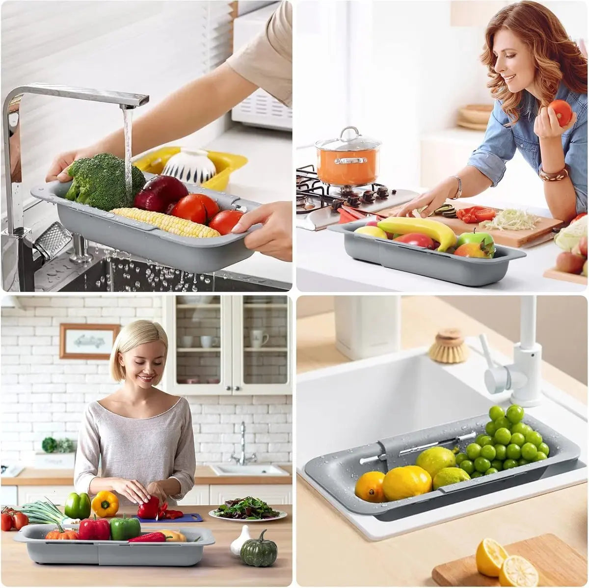 Sink drain basket - Strainer - Washing vegetables and fruit - Draining cooked pasta and drying dishes - Extendable and telescopic - New kitchen accessories for the home - Grey Wholesale Hub