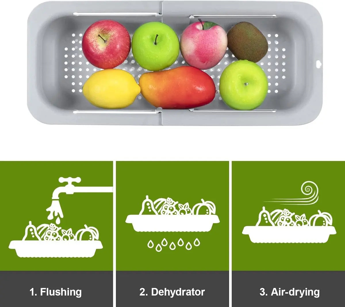 Sink drain basket - Strainer - Washing vegetables and fruit - Draining cooked pasta and drying dishes - Extendable and telescopic - New kitchen accessories for the home - Grey Wholesale Hub