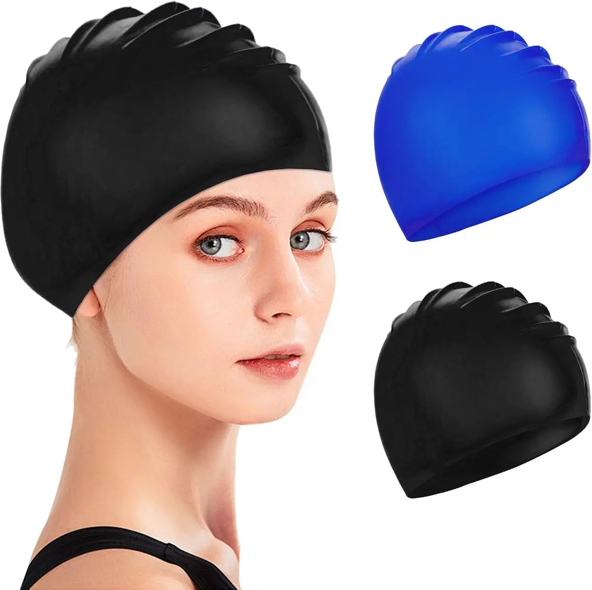 pieces - swimming cap - 23*20 cm - silicone swimming caps - hearing protection - waterproof swimming hat - keep dry for long and short hair - unisex swimming caps - for adults, children and juniors - black and blue Wholesale Hub