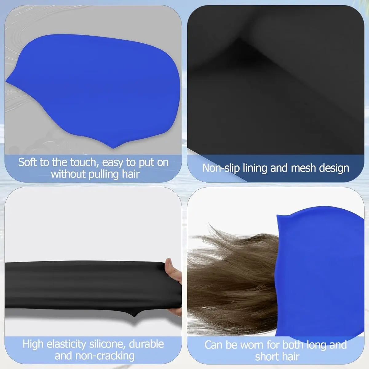pieces - swimming cap - 23*20 cm - silicone swimming caps - hearing protection - waterproof swimming hat - keep dry for long and short hair - unisex swimming caps - for adults, children and juniors - black and blue Wholesale Hub
