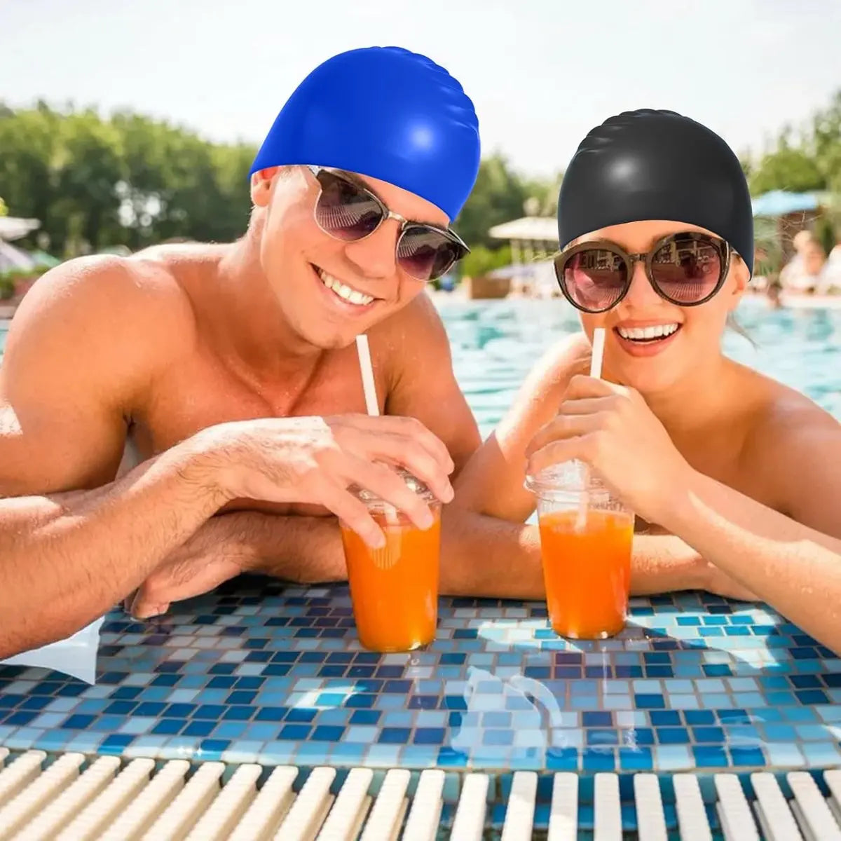 pieces - swimming cap - 23*20 cm - silicone swimming caps - hearing protection - waterproof swimming hat - keep dry for long and short hair - unisex swimming caps - for adults, children and juniors - black and blue Wholesale Hub