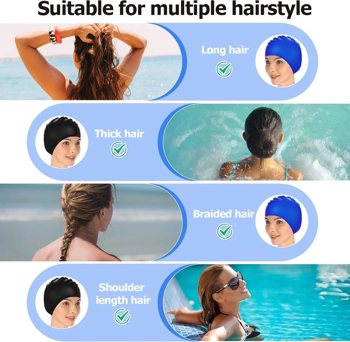 pieces - swimming cap - 23*20 cm - silicone swimming caps - hearing protection - waterproof swimming hat - keep dry for long and short hair - unisex swimming caps - for adults, children and juniors - black and blue Wholesale Hub