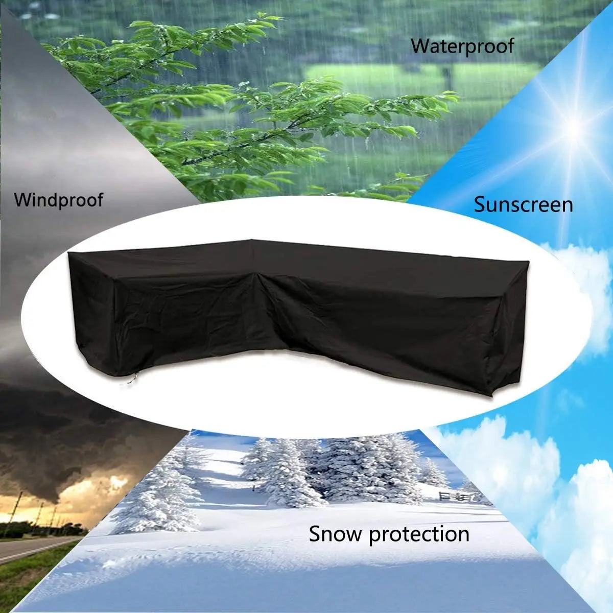L-shaped garden bench cover - Garden furniture cover - L-shaped garden furniture protective cover with drawstrings at the bottom - Protective cover for L-shaped lounge set - Weatherproof - 210D L-shaped garden furniture tarpaulin - Black - 286 × 222 × 82c Wholesale Hub