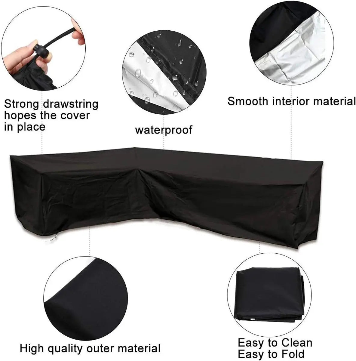 L-shaped garden bench cover - Garden furniture cover - L-shaped garden furniture protective cover with drawstrings at the bottom - Protective cover for L-shaped lounge set - Weatherproof - 210D L-shaped garden furniture tarpaulin - Black - 286 × 222 × 82c Wholesale Hub
