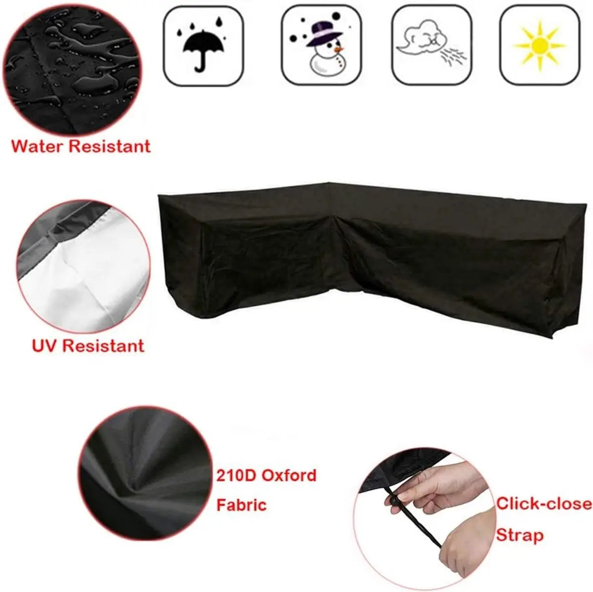 L-shaped garden bench cover - Garden furniture cover - L-shaped garden furniture protective cover with drawstrings at the bottom - Protective cover for L-shaped lounge set - Weatherproof - 210D L-shaped garden furniture tarpaulin - Black - 286 × 222 × 82c Wholesale Hub