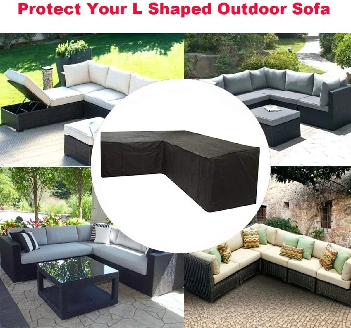 L-shaped garden bench cover - Garden furniture cover - L-shaped garden furniture protective cover with drawstrings at the bottom - Protective cover for L-shaped lounge set - Weatherproof - 210D L-shaped garden furniture tarpaulin - Black - 286 × 222 × 82c Wholesale Hub