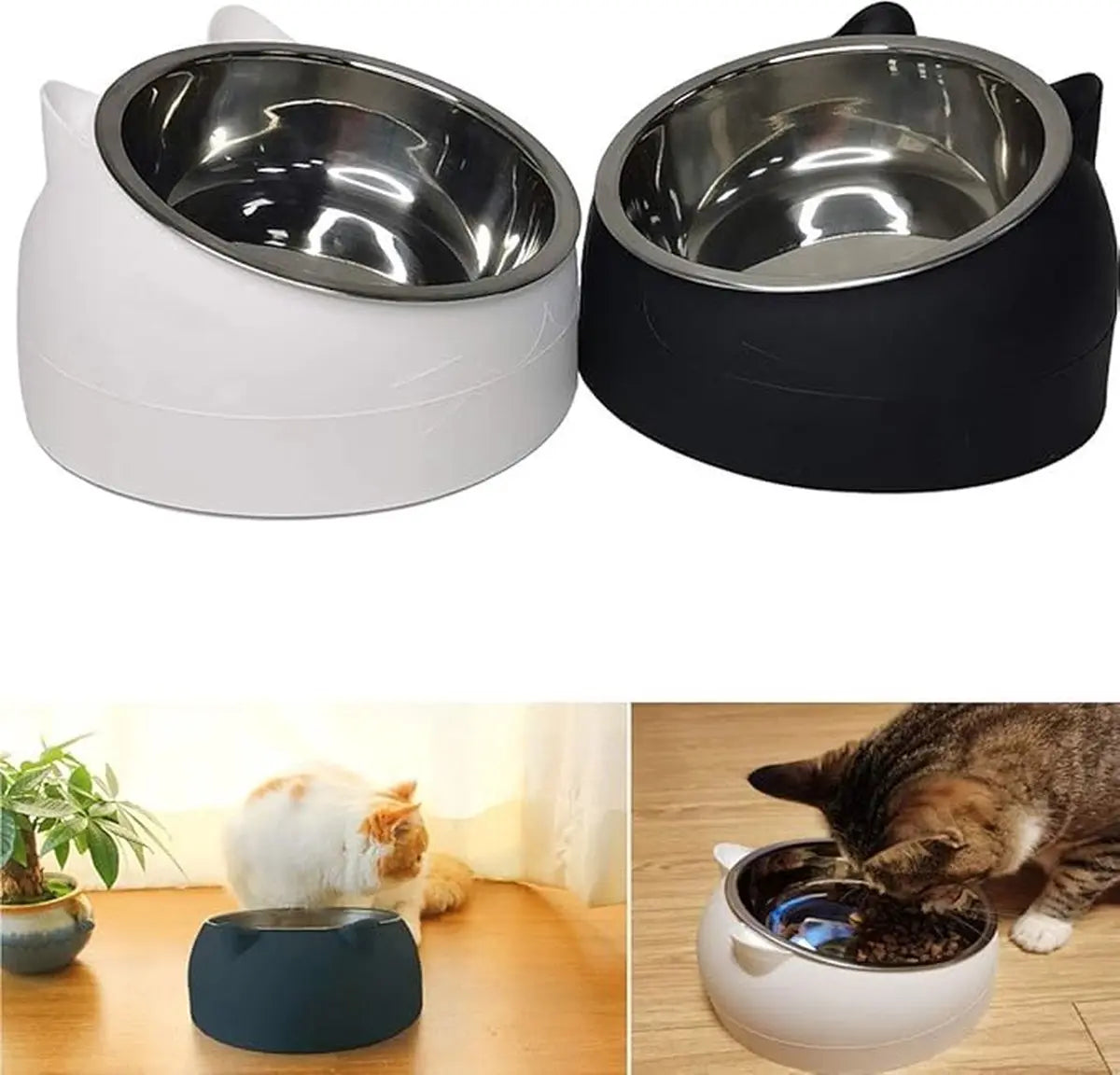 2 pieces - food bowls for cats - Dog food bowl - black, white - 200 ml - Drinking bowl for dogs and cats - Stainless steel - With cat head shape Wholesale Hub