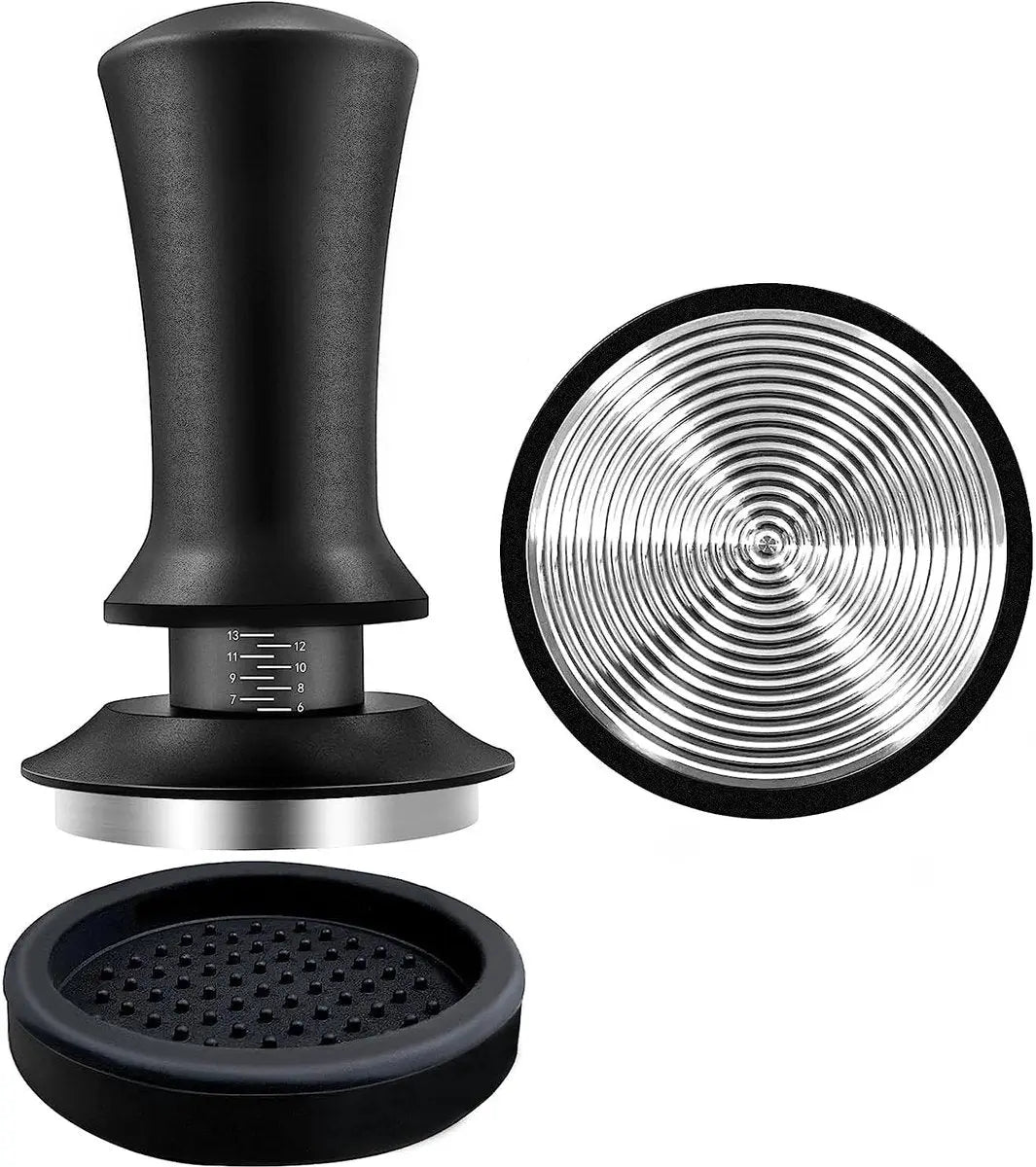 Coffee tamper - Tamper - 51 mm - Coffee press - Espresso tamper - 304 stainless steel - Aluminum handle - Base Ripple - Scale adjustment - For cafes, coffee lovers - Black Wholesale Hub