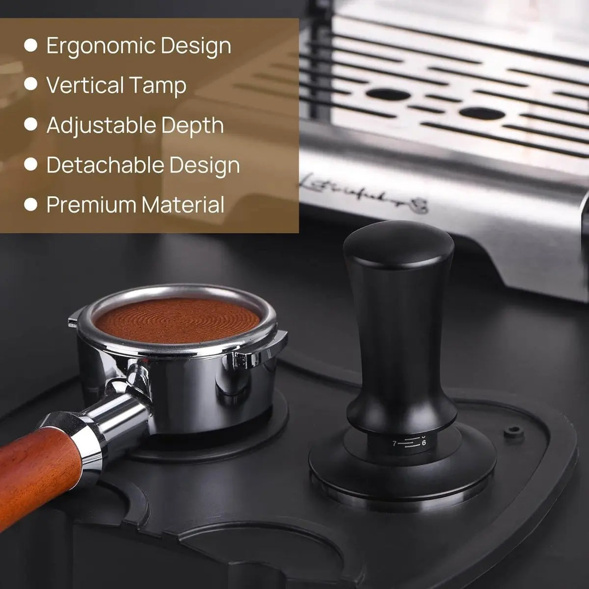 Coffee tamper - Tamper - 51 mm - Coffee press - Espresso tamper - 304 stainless steel - Aluminum handle - Base Ripple - Scale adjustment - For cafes, coffee lovers - Black Wholesale Hub