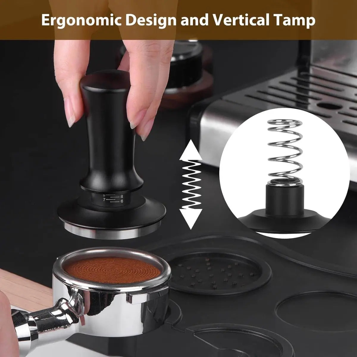 Coffee tamper - Tamper - 51 mm - Coffee press - Espresso tamper - 304 stainless steel - Aluminum handle - Base Ripple - Scale adjustment - For cafes, coffee lovers - Black Wholesale Hub