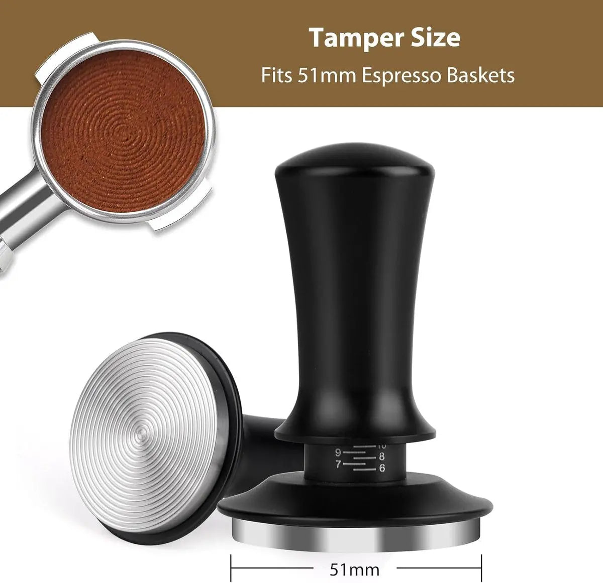 Coffee tamper - Tamper - 51 mm - Coffee press - Espresso tamper - 304 stainless steel - Aluminum handle - Base Ripple - Scale adjustment - For cafes, coffee lovers - Black Wholesale Hub