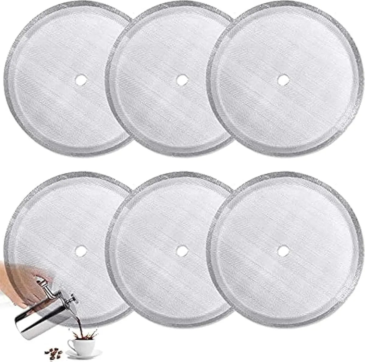 6 pieces - Coffee filter - Reusable - French Press replacement filters Mesh filters replacement - 10.2cm - silver - stainless steel Wholesale Hub
