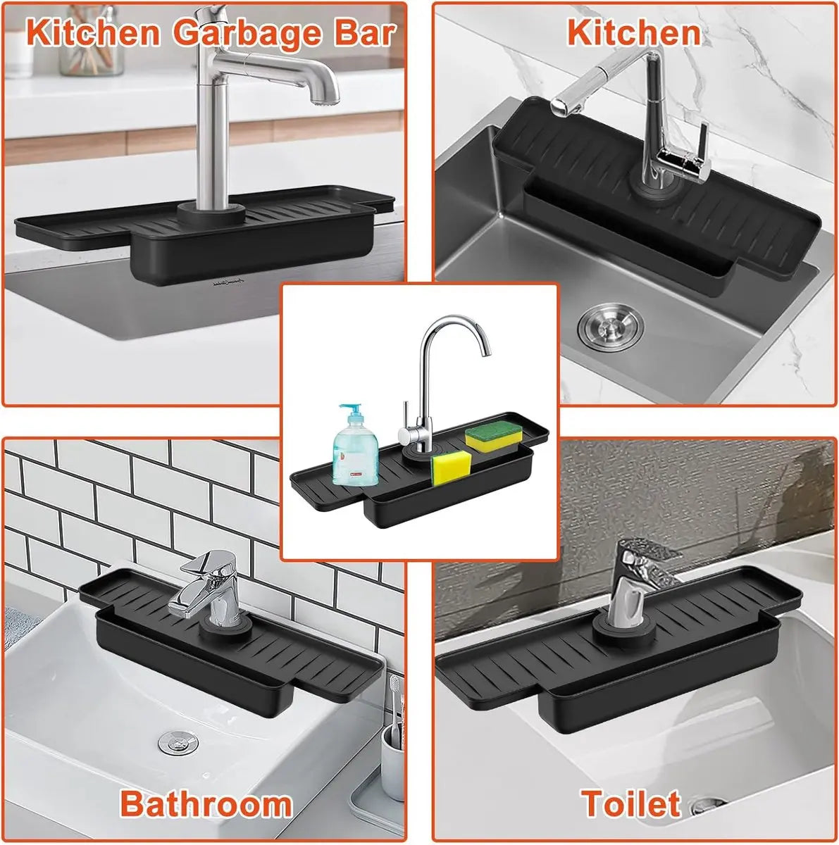 Silicone tap mat with sponge holder - tap drain mat - sink organizer - drain mat - BLACK - For kitchen, bathroom, countertop, worktop - 40 cm Wholesale Hub