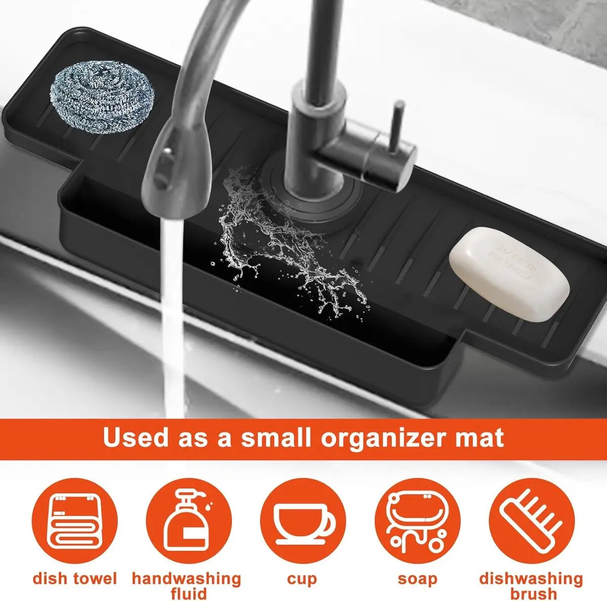 Silicone tap mat with sponge holder - tap drain mat - sink organizer - drain mat - BLACK - For kitchen, bathroom, countertop, worktop - 40 cm Wholesale Hub