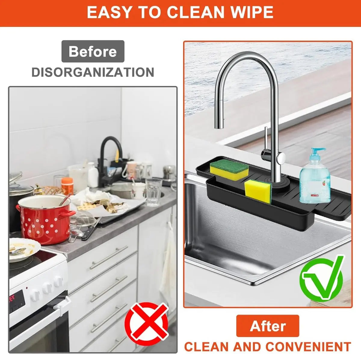 Silicone tap mat with sponge holder - tap drain mat - sink organizer - drain mat - BLACK - For kitchen, bathroom, countertop, worktop - 40 cm Wholesale Hub