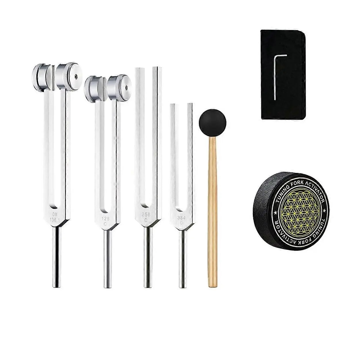Healing Tuning Forks Set with 128Hz 136.1Hz 256Hz 384Hz Frequencies and Hockey Puck Activator for Chakra Sound Therapy Wholesale Hub