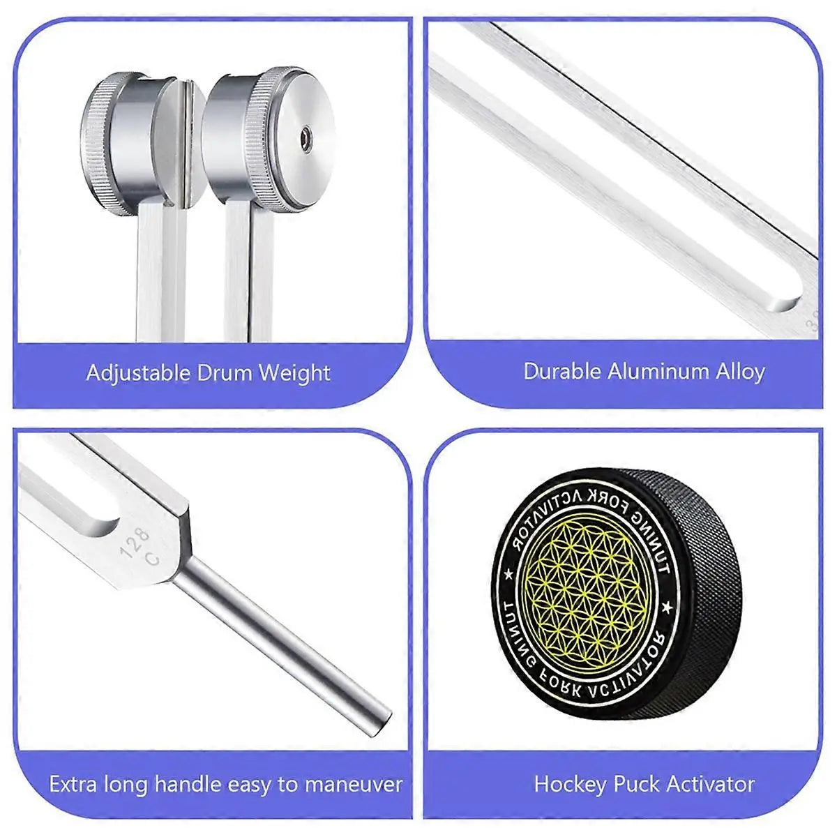 Healing Tuning Forks Set with 128Hz 136.1Hz 256Hz 384Hz Frequencies and Hockey Puck Activator for Chakra Sound Therapy Wholesale Hub