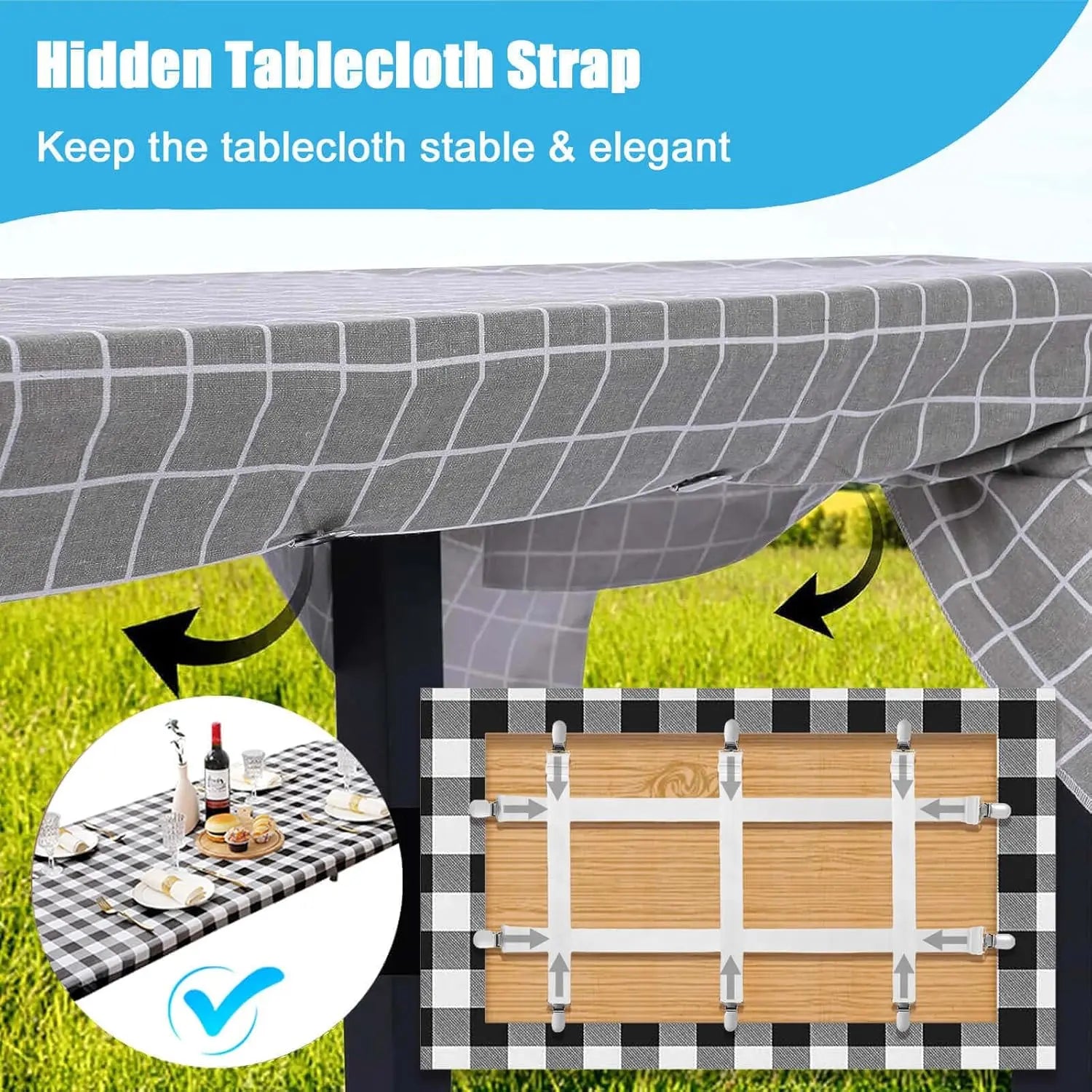 Table Cloth Holder Clips Hidden Strap 5 Pack, Adjustable Elasticity Picnic Tablecloth Clip Indoor Outdoor Large Clamp for Thick Tables Bench Cover Party Restaurant Camping RV Essential Accessories Wholesale Hub