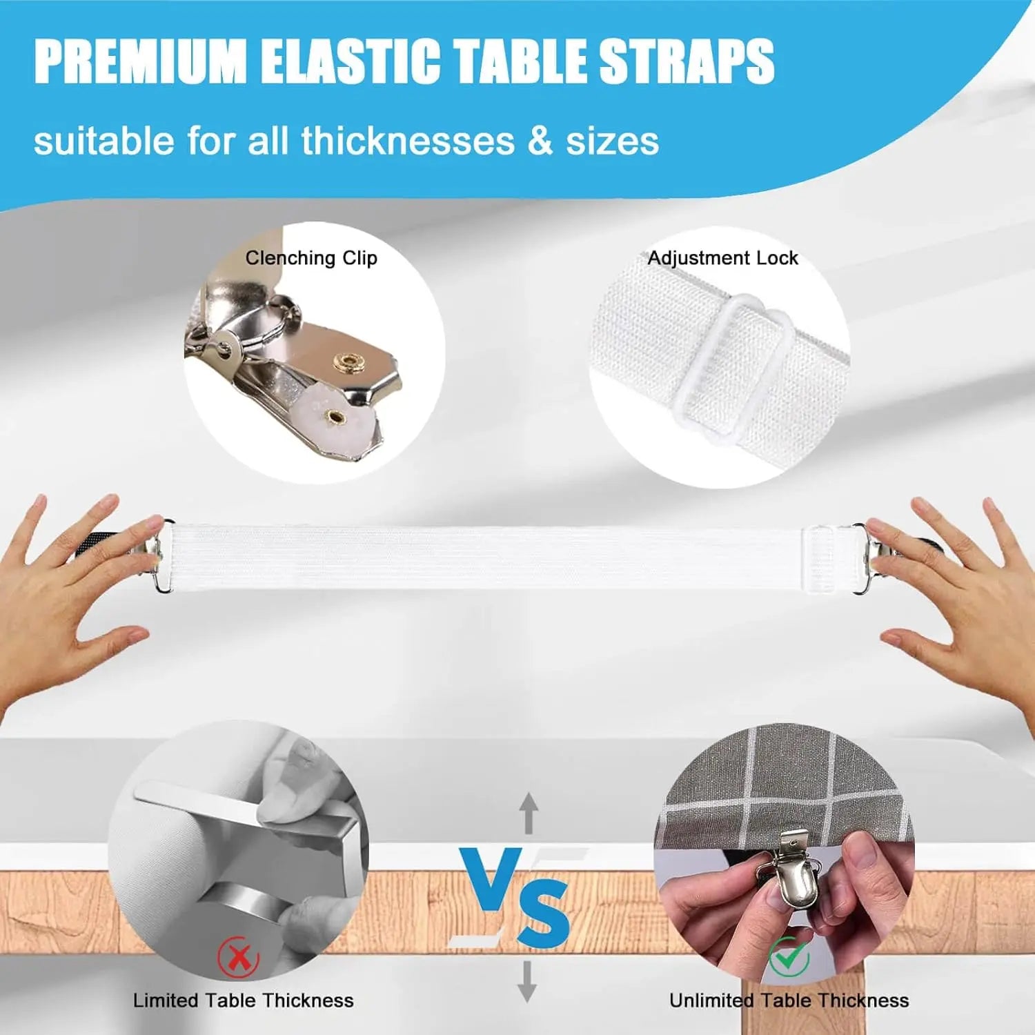 Table Cloth Holder Clips Hidden Strap 5 Pack, Adjustable Elasticity Picnic Tablecloth Clip Indoor Outdoor Large Clamp for Thick Tables Bench Cover Party Restaurant Camping RV Essential Accessories Wholesale Hub