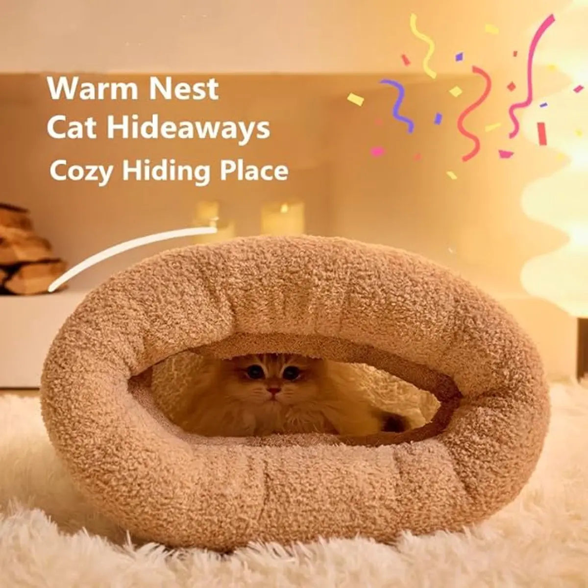 Cat Bed - Cave Cat Basket - Winter Sleeping Bag for Pets - Soft Plush Cat Bed - Suitable for Indoor Cats, Kittens and Dogs (Beige, L-54*45cm) Wholesale Hub