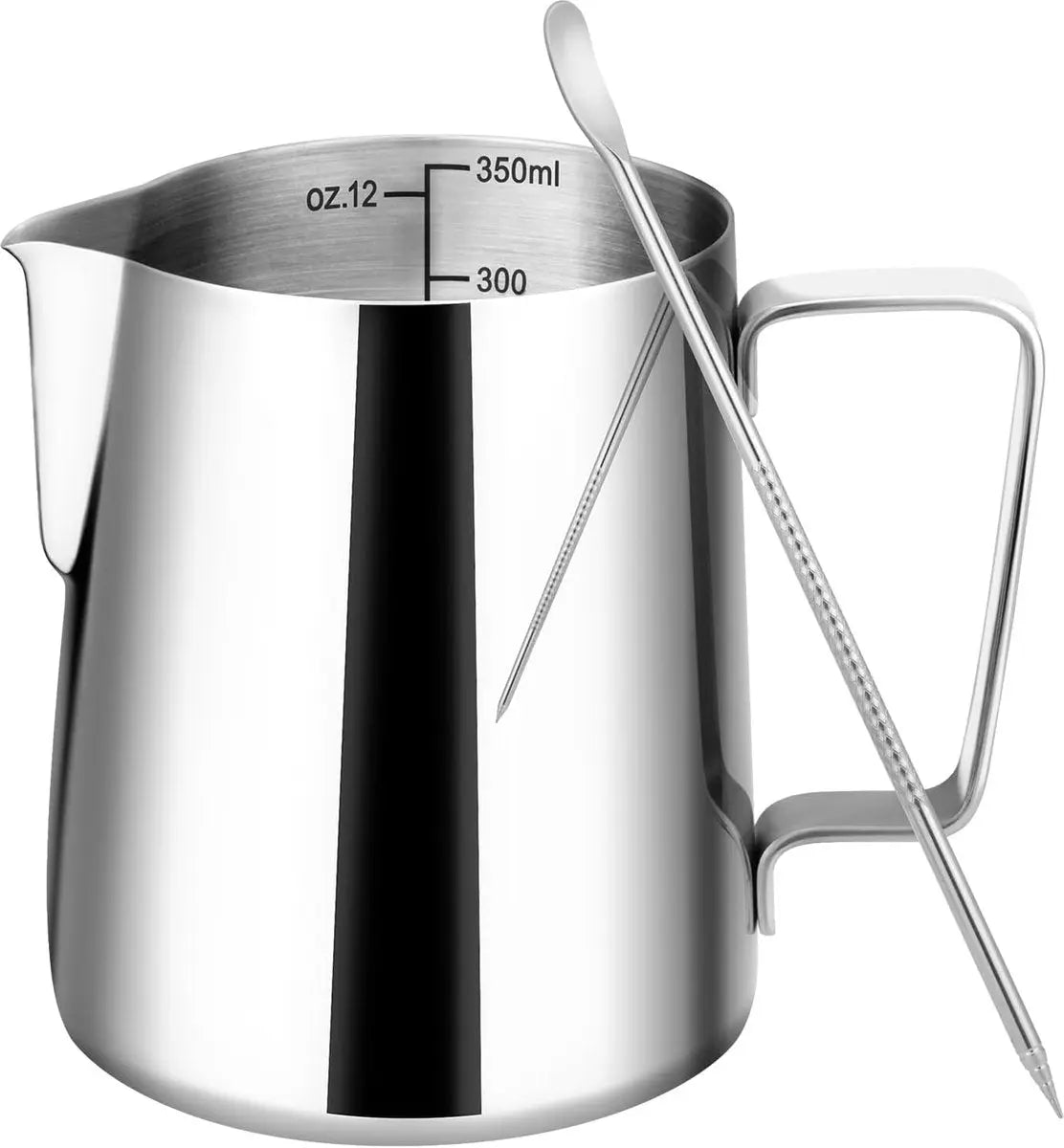 Milk Frothing Cup - 350ml Milk Frothing Cup - Clear Markings - Cappuccino Espresso Machine Accessory Made of Stainless Steel 304 - Suitable for Barista Coffee Shops - With Latte Art Pen - Silver Wholesale Hub