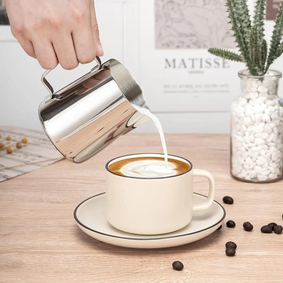 Milk Frothing Cup - 350ml Milk Frothing Cup - Clear Markings - Cappuccino Espresso Machine Accessory Made of Stainless Steel 304 - Suitable for Barista Coffee Shops - With Latte Art Pen - Silver Wholesale Hub