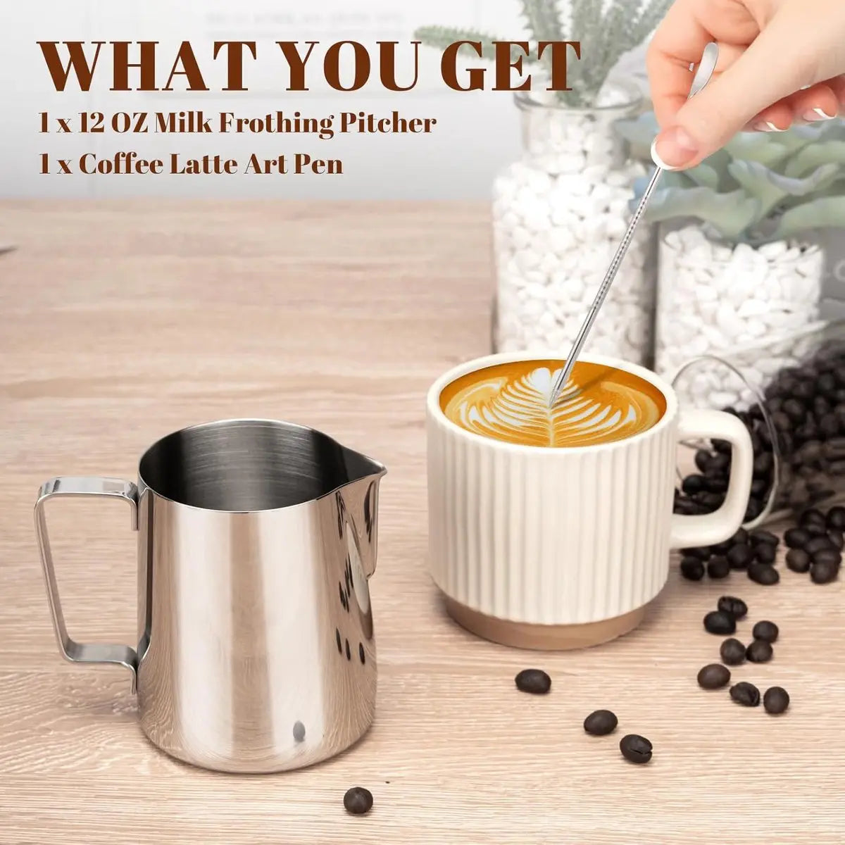 Milk Frothing Cup - 350ml Milk Frothing Cup - Clear Markings - Cappuccino Espresso Machine Accessory Made of Stainless Steel 304 - Suitable for Barista Coffee Shops - With Latte Art Pen - Silver Wholesale Hub