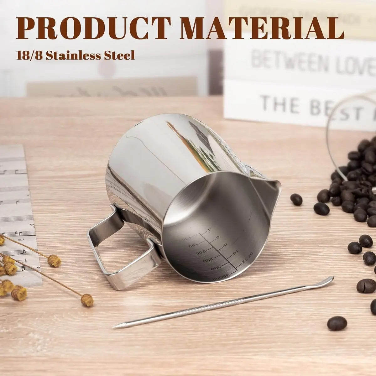 Milk Frothing Cup - 350ml Milk Frothing Cup - Clear Markings - Cappuccino Espresso Machine Accessory Made of Stainless Steel 304 - Suitable for Barista Coffee Shops - With Latte Art Pen - Silver Wholesale Hub