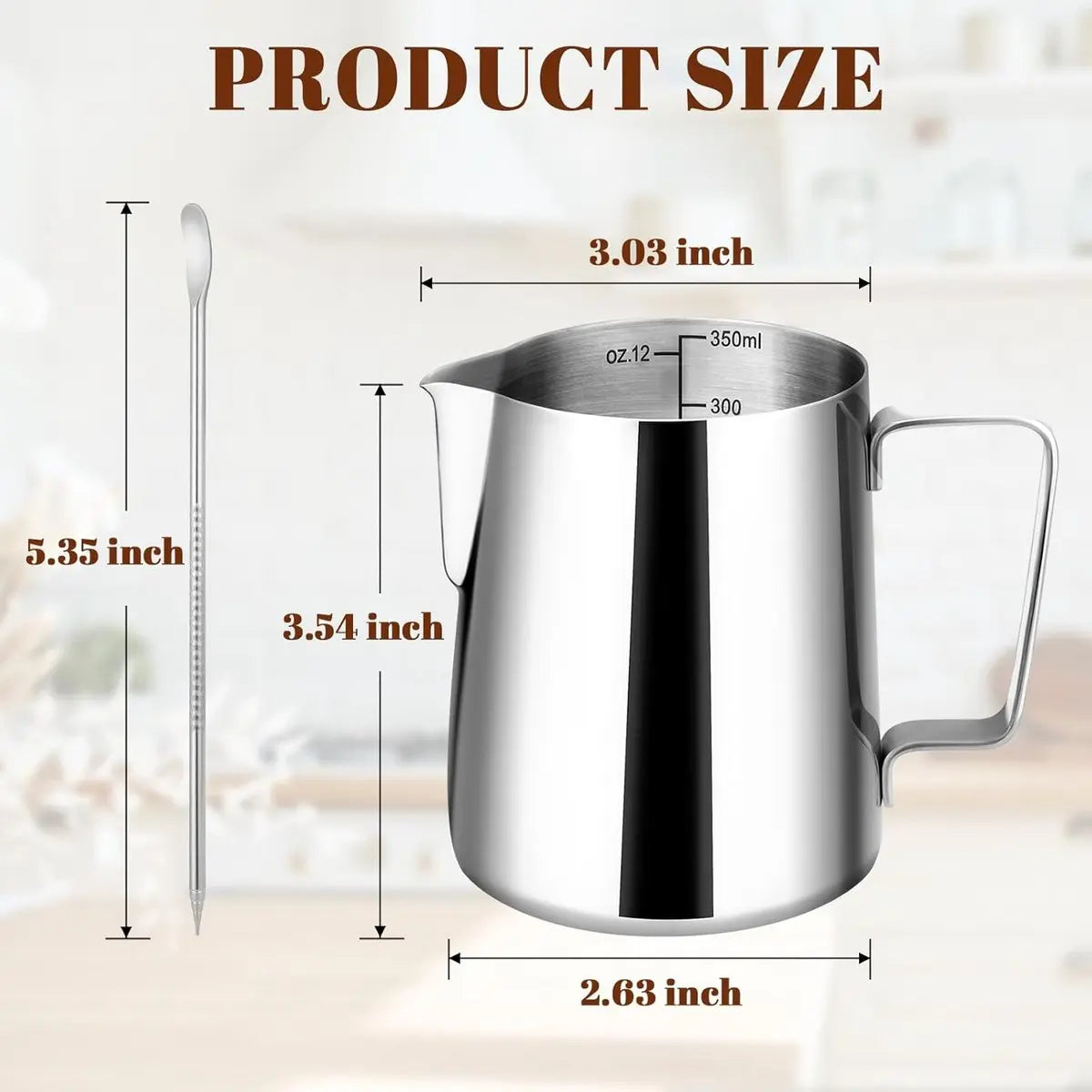 Milk Frothing Cup - 350ml Milk Frothing Cup - Clear Markings - Cappuccino Espresso Machine Accessory Made of Stainless Steel 304 - Suitable for Barista Coffee Shops - With Latte Art Pen - Silver Wholesale Hub