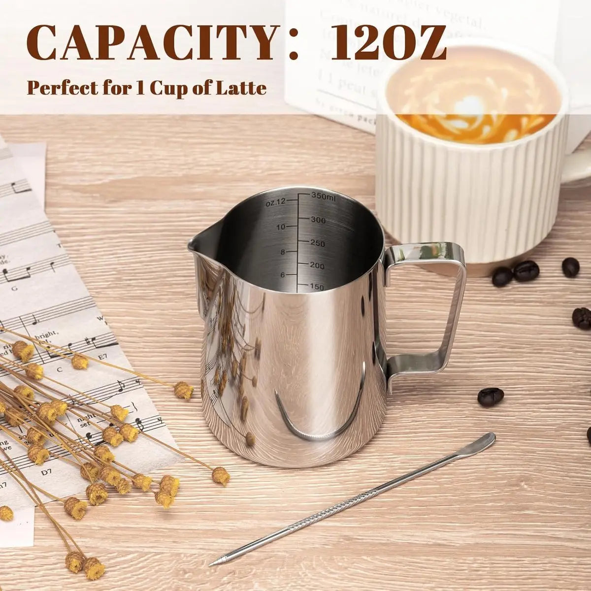 Milk Frothing Cup - 350ml Milk Frothing Cup - Clear Markings - Cappuccino Espresso Machine Accessory Made of Stainless Steel 304 - Suitable for Barista Coffee Shops - With Latte Art Pen - Silver Wholesale Hub