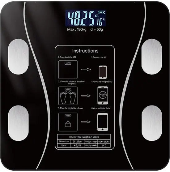 Smart Scale with Body Analysis - Measures BMI, Fat & Muscle Mass - USB Rechargeable - Up to 180 kg - Black Wholesale Hub