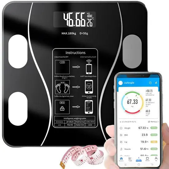 Smart Scale with Body Analysis - Measures BMI, Fat & Muscle Mass - USB Rechargeable - Up to 180 kg - Black Wholesale Hub