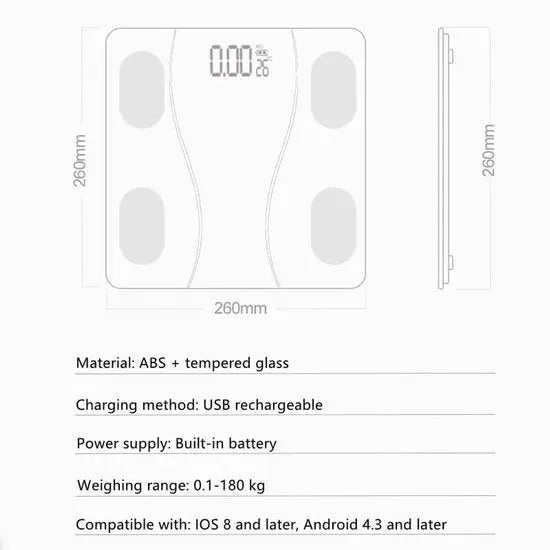 Smart Scale with Body Analysis - Measures BMI, Fat & Muscle Mass - USB Rechargeable - Up to 180 kg - Black Wholesale Hub