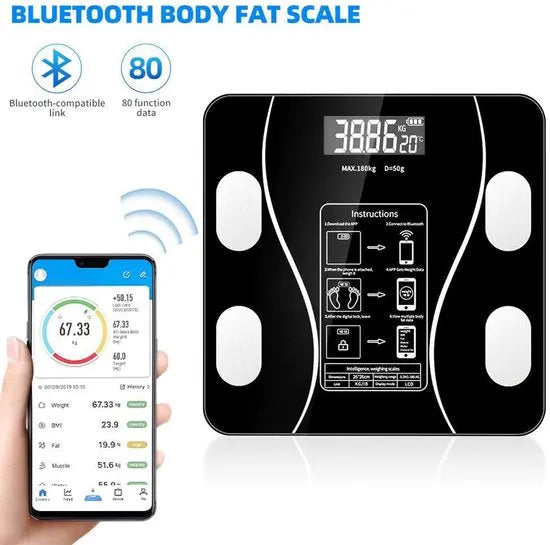Smart Scale with Body Analysis - Measures BMI, Fat & Muscle Mass - USB Rechargeable - Up to 180 kg - Black Wholesale Hub