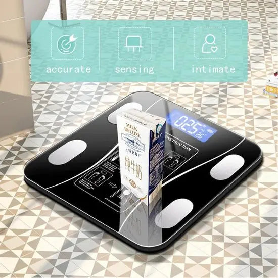Smart Scale with Body Analysis - Measures BMI, Fat & Muscle Mass - USB Rechargeable - Up to 180 kg - Black Wholesale Hub