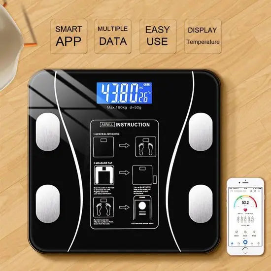 Smart Scale with Body Analysis - Measures BMI, Fat & Muscle Mass - USB Rechargeable - Up to 180 kg - Black Wholesale Hub