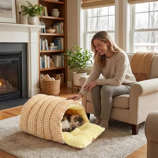 Cat House - Cat Basket - Plush and Warm - Removable and Washable - Closed Cat Bed for Winter - Suitable for Indoor and Outdoor Use in Winter, Camping, Travel, Bedroom, Living Room - Orange and White Checkered Pattern Wholesale Hub