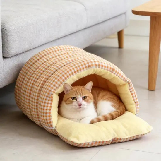 Cat House - Cat Basket - Plush and Warm - Removable and Washable - Closed Cat Bed for Winter - Suitable for Indoor and Outdoor Use in Winter, Camping, Travel, Bedroom, Living Room - Orange and White Checkered Pattern Wholesale Hub