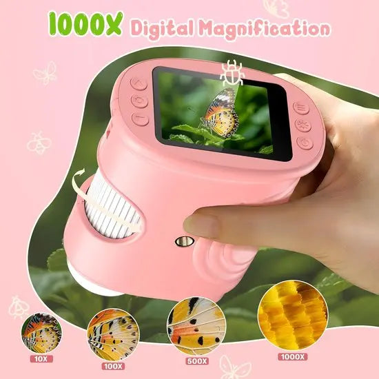 1000x Digital Children's Microscope - With 2 Inch IPS Screen & 8 LED Lights - Handy & Easy to Use for Nature Research - Pink Wholesale Hub